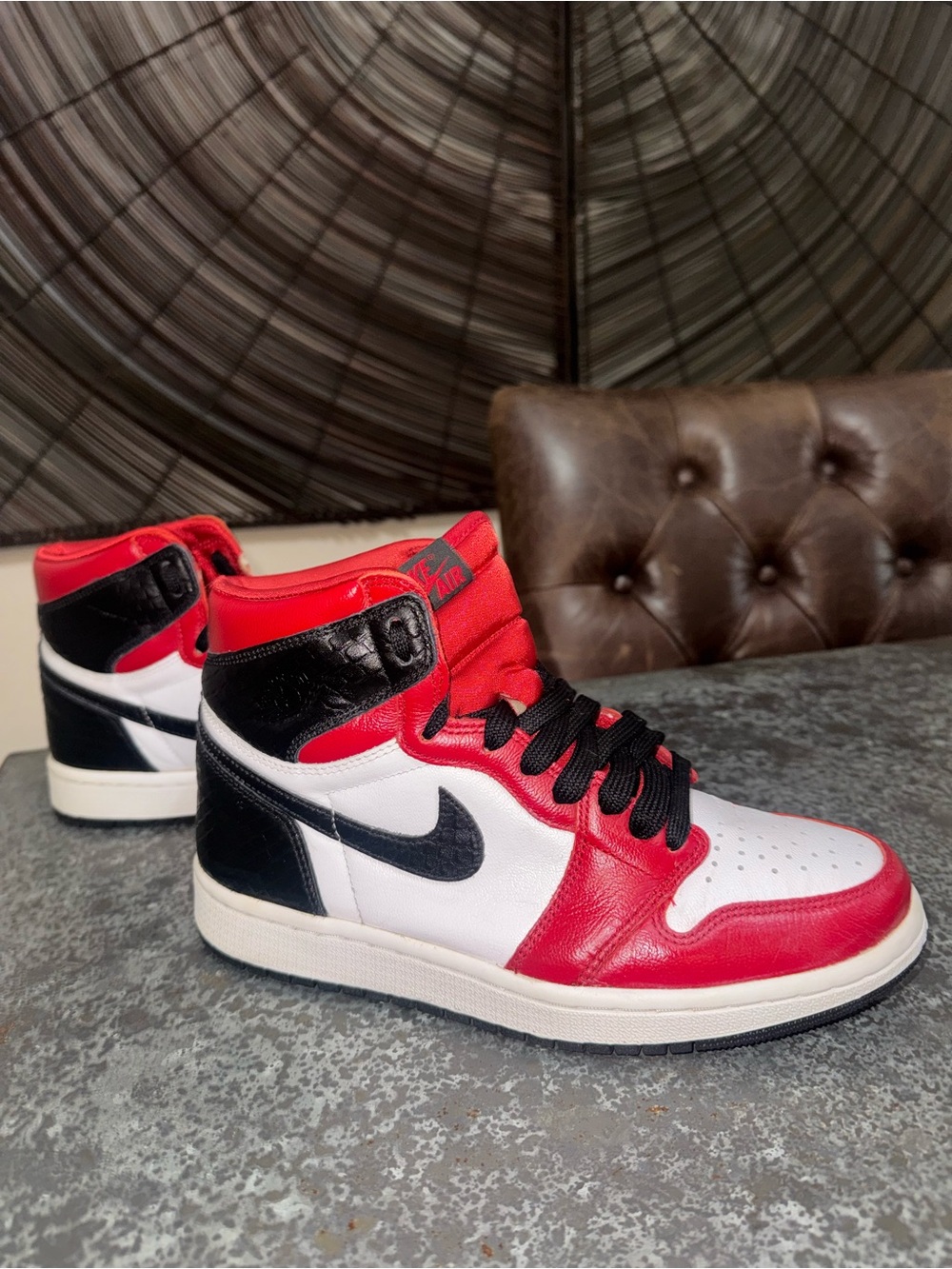 Jordan 1s Snakeskin Sneakers in Red / White / Black